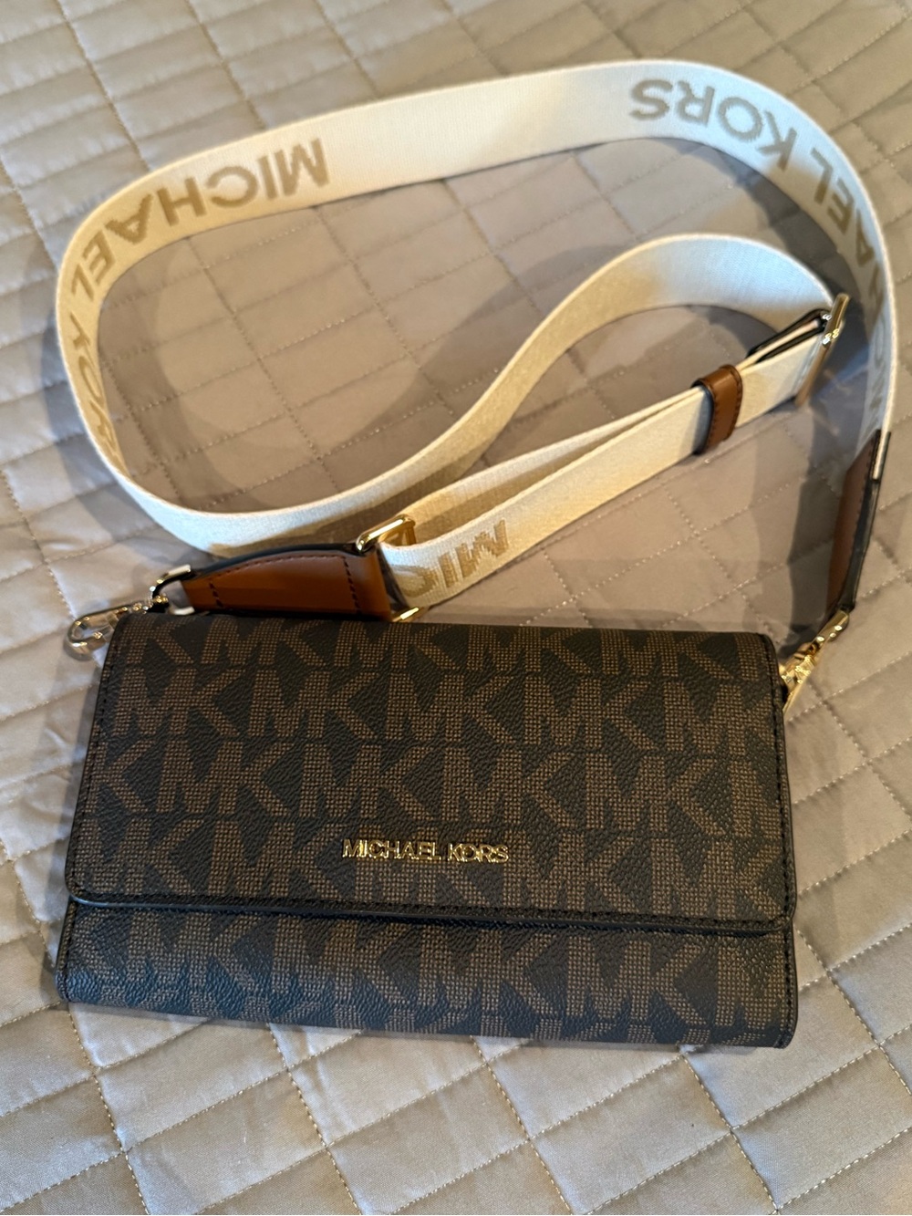 Michael Kors Brown MK Logo Crossbody with Ivory Strap